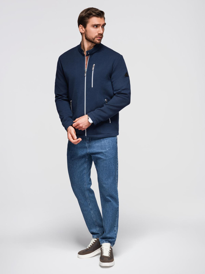 Strukturalna kurtka biker męska ze stójką  – ciemnoniebieska V1 OM-JANP-0229