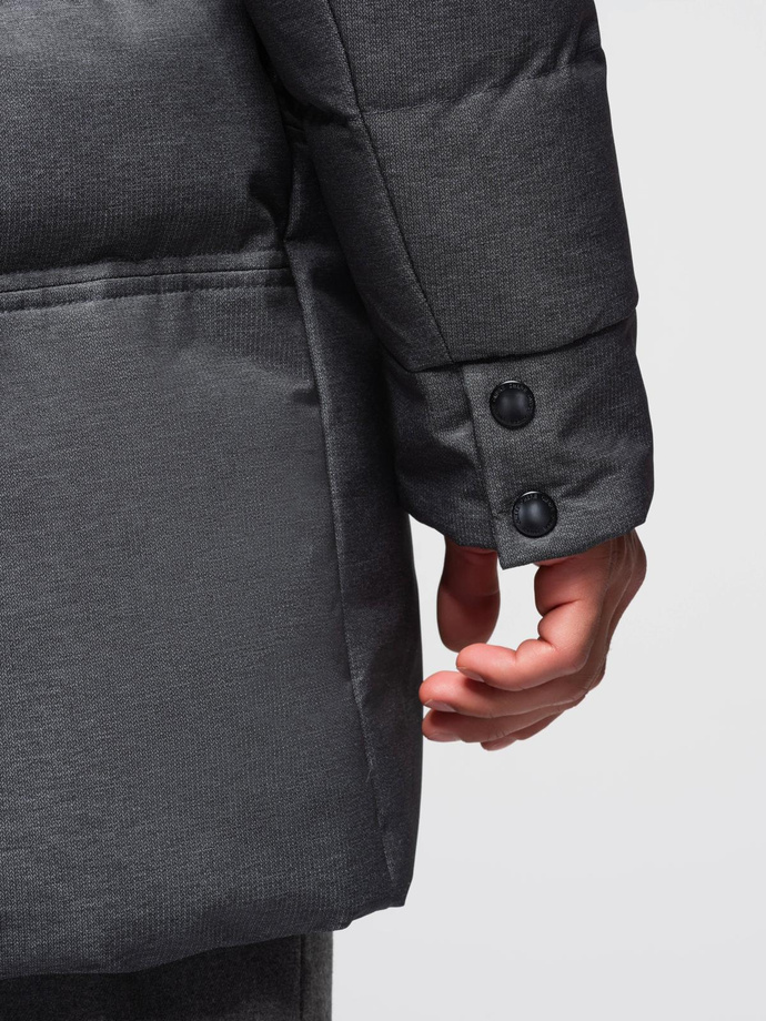 Men's long quilted jacket with hood - grey V2 OM-JALJ-0264
