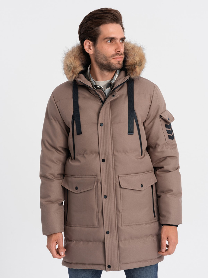 Men's winter parka jacket - light brown V6 OM-JALJ-0132