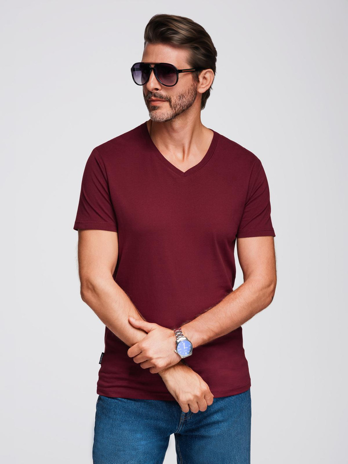 BASIC men's cotton classic tee shirt with a v-neck - maroon V10 OM-TSBS-0237