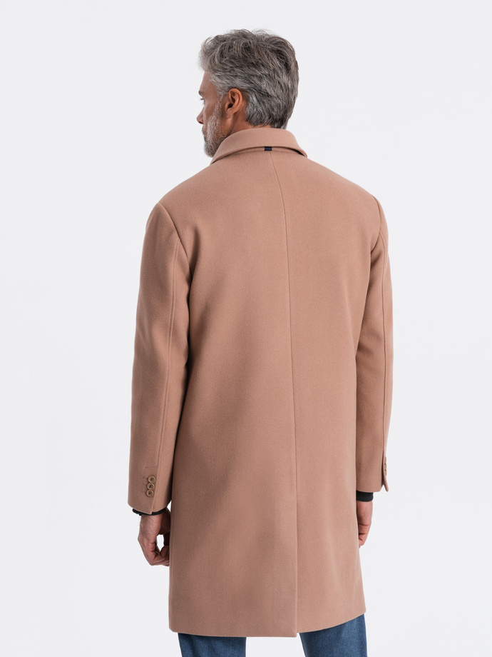 Single-breasted men's long coat with collar and bolster - brown V2 OM-COWC-0106