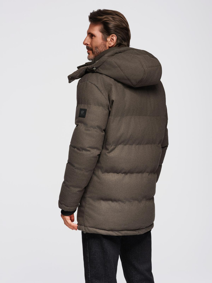 Długa ciepła męska kurtka typu parka z wełną – ciemnooliwkowy melanż V4 OM-JALJ-0217