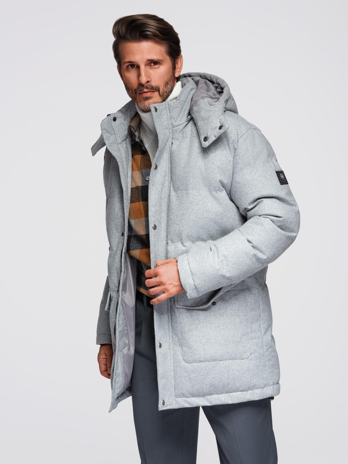 Warm men's long parka jacket with wool - light grey melange V3 OM-JALJ-0217