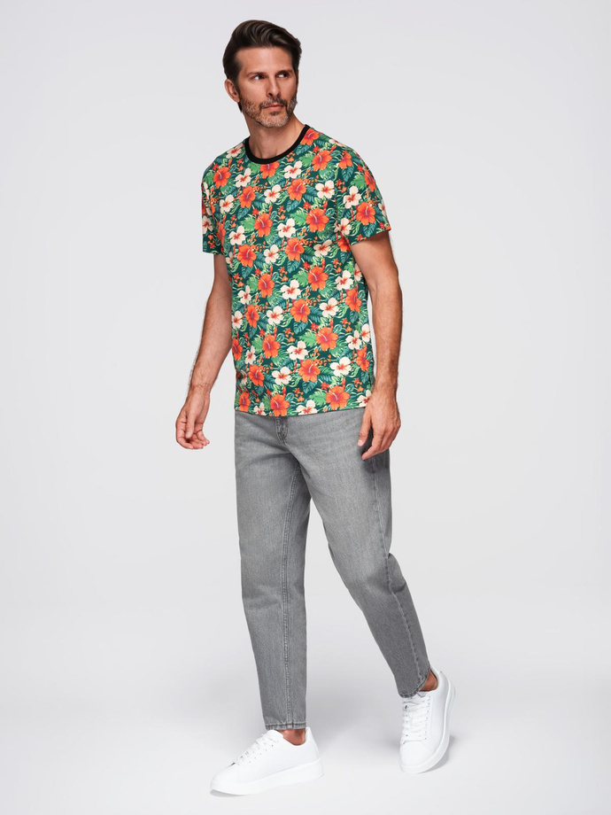 Men's full print floral pattern cotton t-shirt - black V2 OM-TSFP-0249