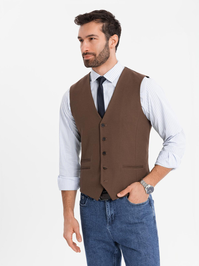 Men's suit vest with classic detailing and lining - brown V2 OM-BLZV-0142