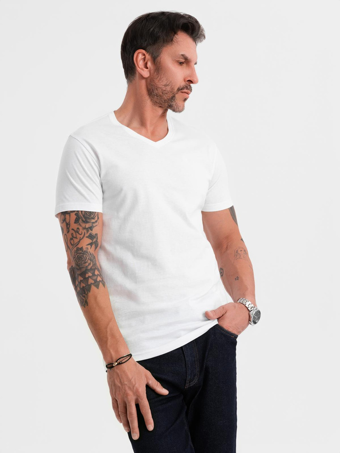 Klasyczna męska bawełniana koszulka z dekoltem w serek BASIC – biała V4 OM-TSBS-0237