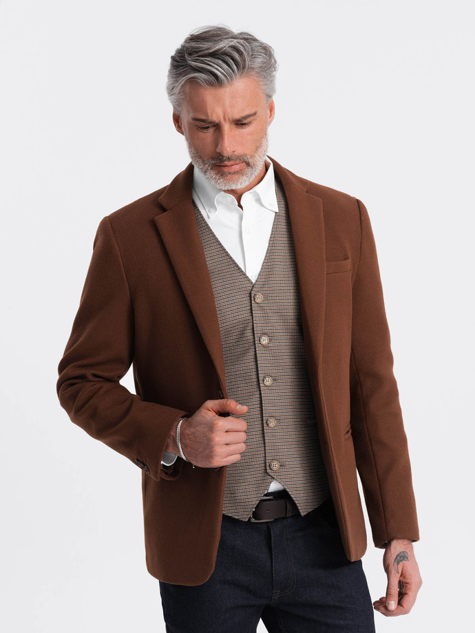 Men's casual blazer with decorative buttons on cuffs - chocolate brown V1 OM-BLZB-0118