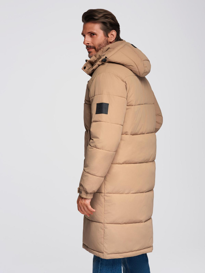 Men's quilted long jacket with detachable hood - beige V2 OM-JALJ-0190