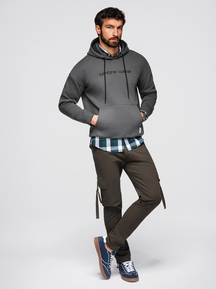 Men's kangaroo sweatshirt with embroidery and hood - graphite V2 OM-SSNZ-0241