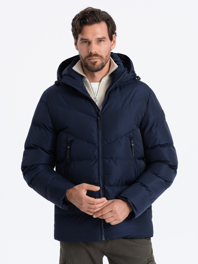 Men's winter jacket with unusual quilting - navy blue V4 OM-JAHP-0127