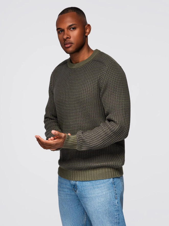 Men's contrast weave sweater with round neckline - dark olive V2 OM-SWSW-0122