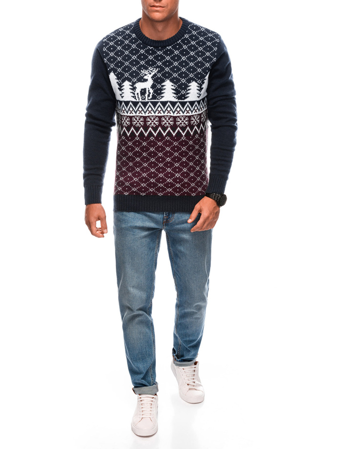 Men's Christmas winter jumper with reindeer - navy blue and white V1 EM-SWOS-0102