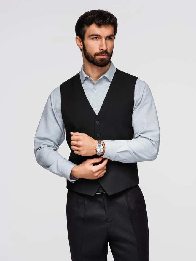 Elegancka męska kamizelka w jodełkę SLIM FIT  - czarna V3 OM-BLZV-0143