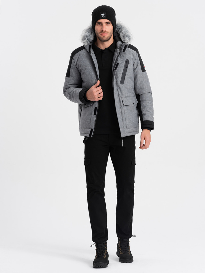 Men's winter jacket with adjustable hood with detachable fur - grey and black V1 OM-JAHP-0144