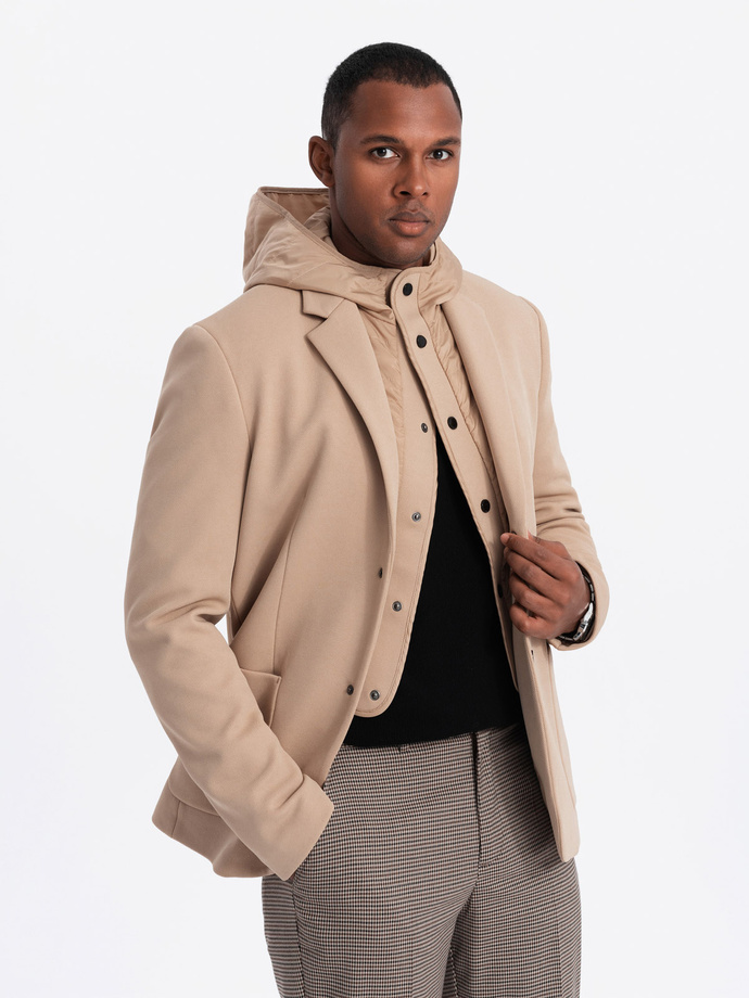 Men's jacket with high collar and hood - light brown V1 OM-BLZB-0133