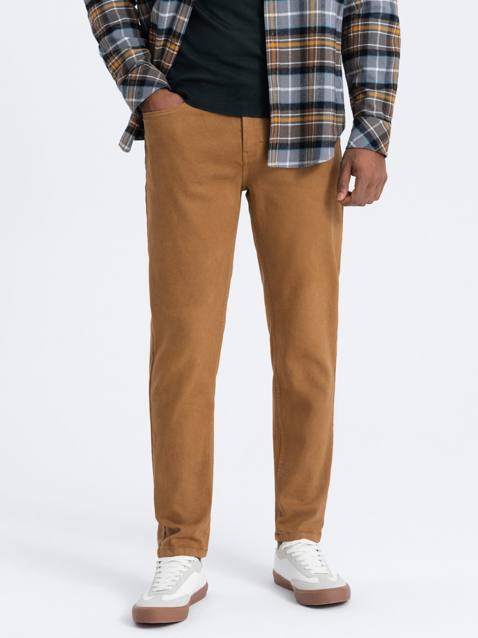 Jeansowe spodnie męskie bez przetarć SLIM FIT - camel V10 OM-PADP-0148