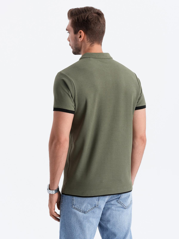 Men's cotton polo shirt with contrast trim - olive V6 OM-POSS-0113