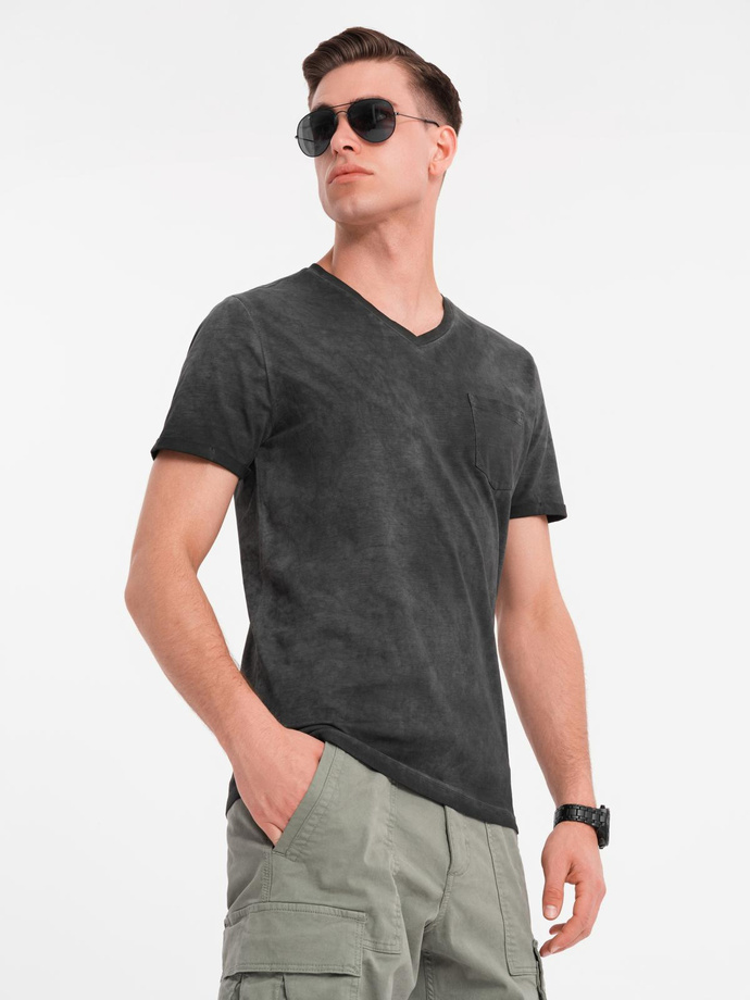 Men's cotton knit V-neck t-shirt with wash effect - black V6 OM-TSWT-0242