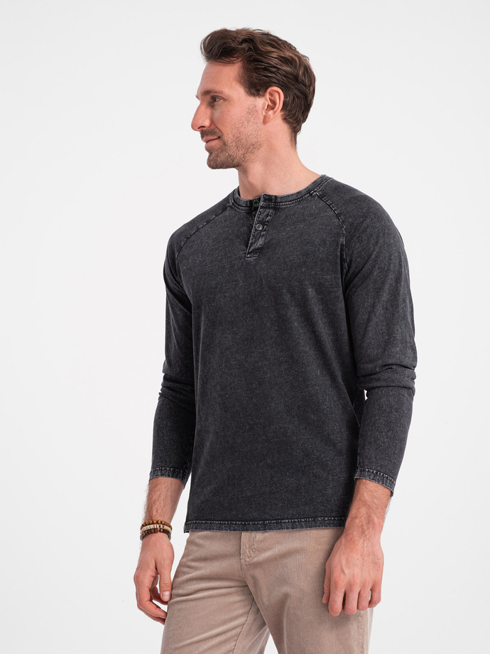 Men's wash henley longsleeve with raglan sleeves - black V1 OM-LSWL-22FW-001