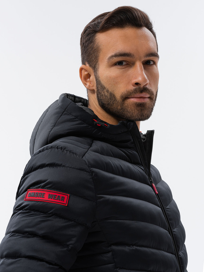 Men's quilted jacket with satin finish - black V2 OM-JALP-0121