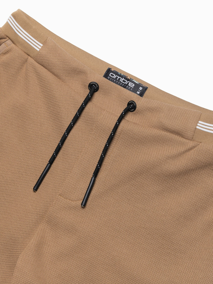 Men's knitted shorts with decorative elastic waistband - light brown V4 OM-SRCS-0110