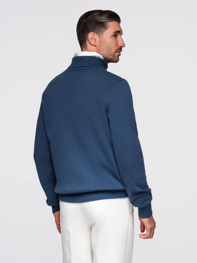 Męski golf sweter z dzianiny – ciemnoniebieski V2 OM-SWTN-0163