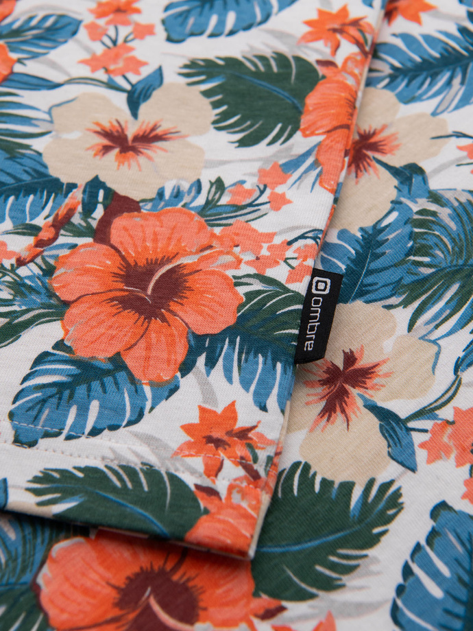 T-shirt męski bawełniany w kwiatowy wzór full print – biały V1 OM-TSFP-0249