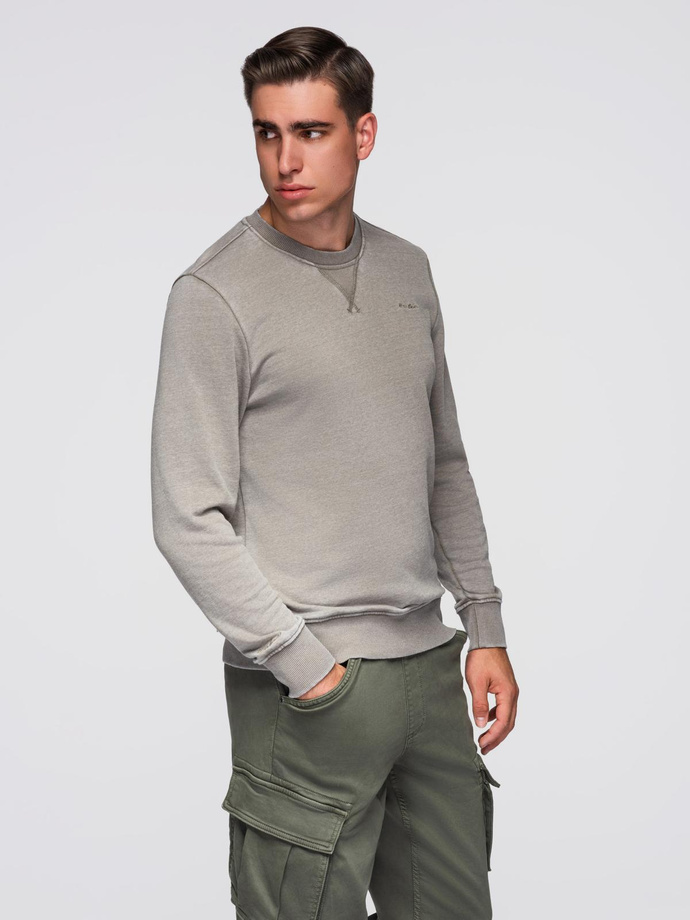 Washed men's sweatshirt with decorative stitching at the neckline - beige V2 OM-SSDS-0131
