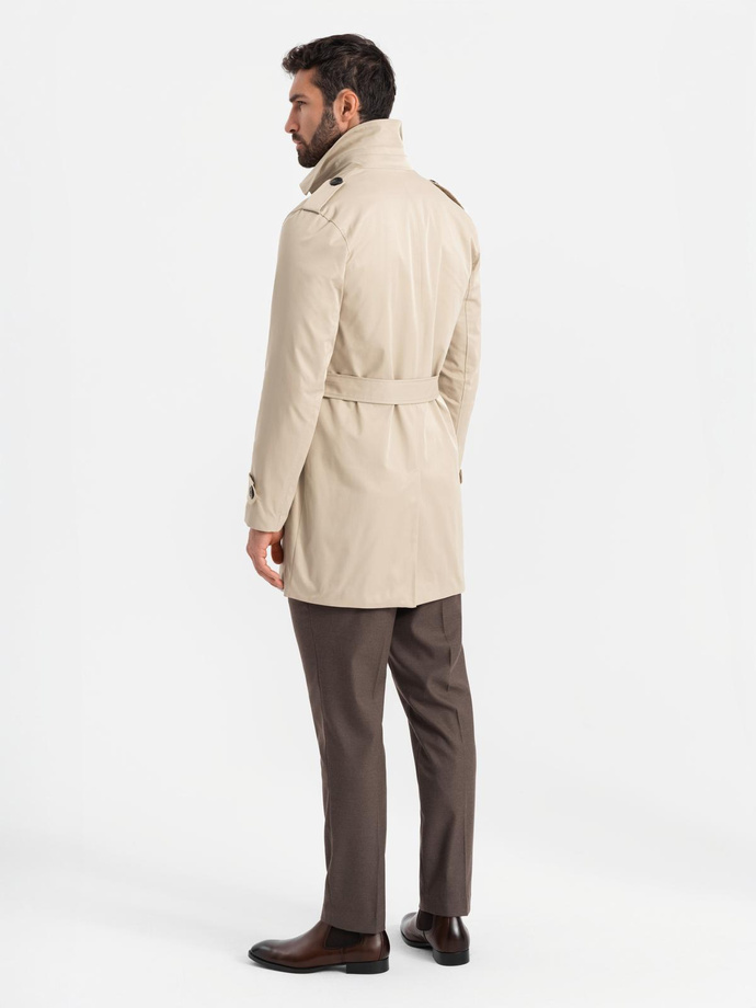Elegant men's SLIM FIT trench coat with belt - beige V1 OM-COSC-0126