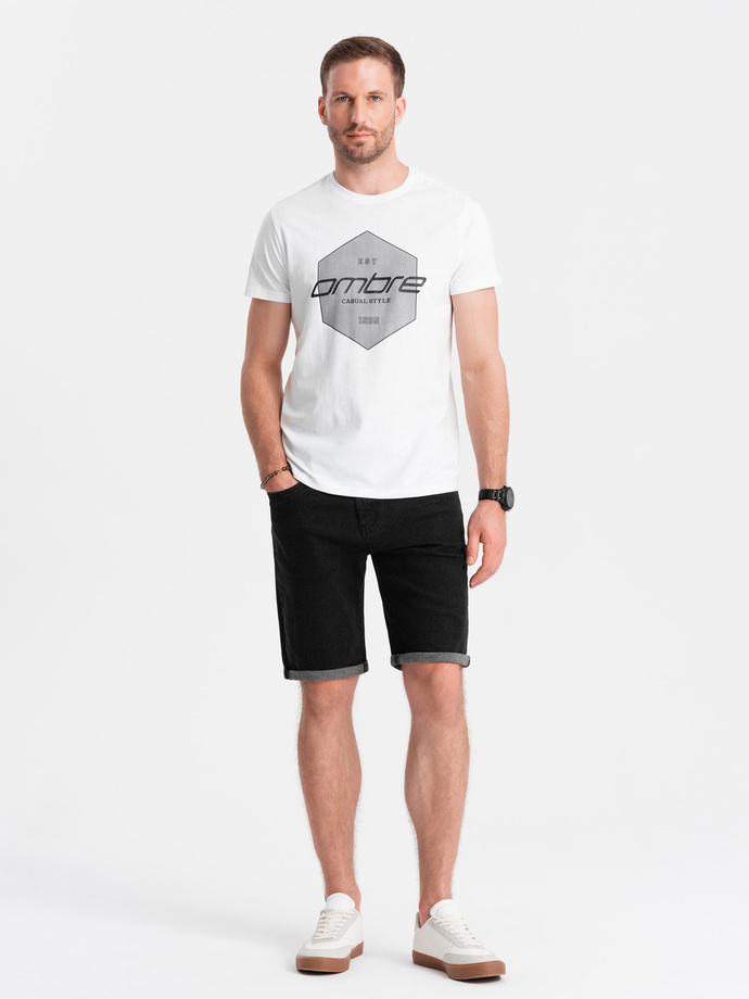 T-shirt męski bawełniany z nadrukiem geometrycznym i logotypem - biały V1 OM-TSPT-0141