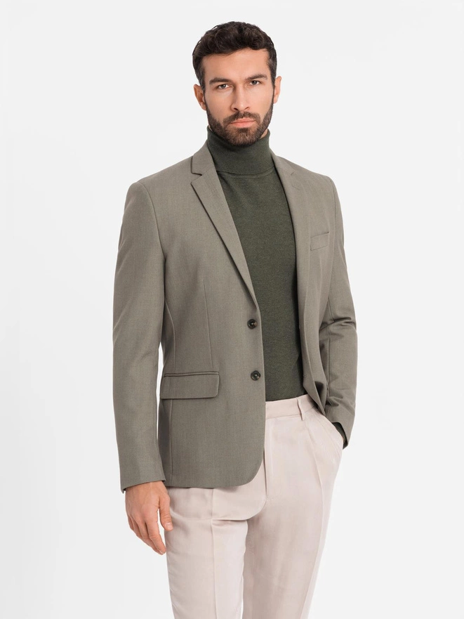 Men's elegant SLIM FIT jacket with rayon - olive V5 OM-BLZB-0135