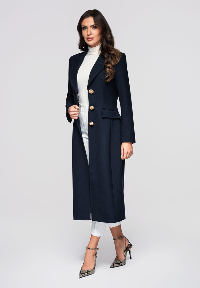 Płaszcz damski taliowany ze złotymi guzikami LARICA OW-COLC-0103 v3 - granatowy