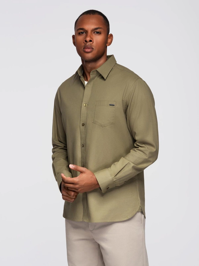 Men's cotton shirt with pocket REGULAR FIT - olive V2 OM-SHCS-0147