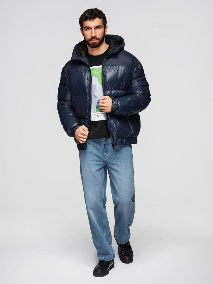 Warm men's puffer jacket with welts - navy blue V2 OM-JAHP-0207