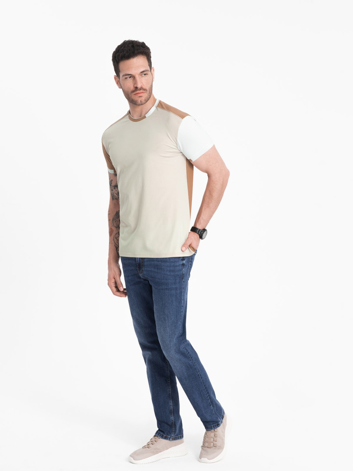 Men's elastane t-shirt with colored sleeves - brown V1 OM-TSCT-0176