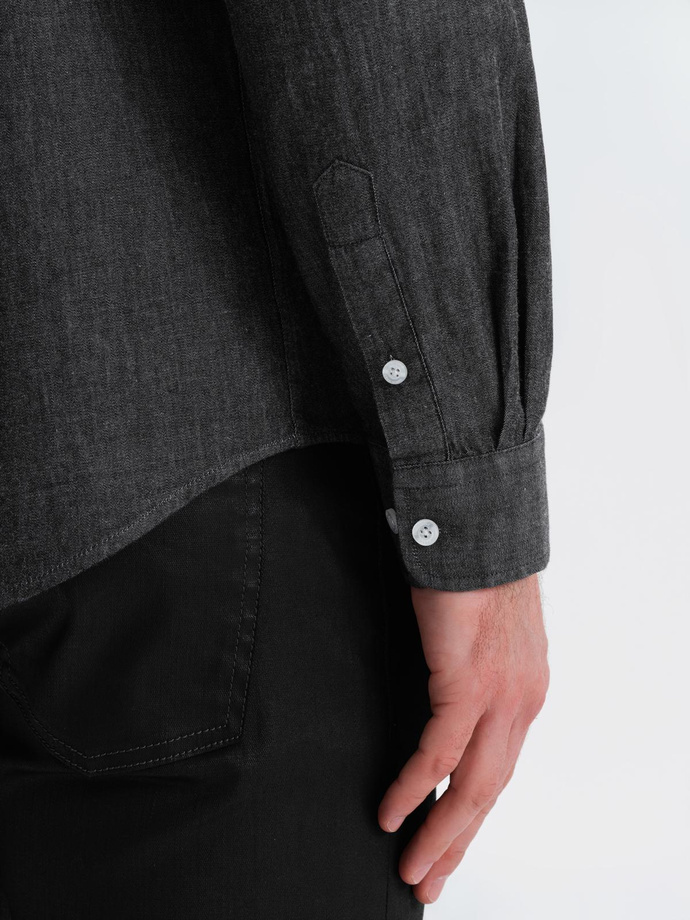Men's denim shirt with embroidered pocket - black V2 OM-SHDS-0181