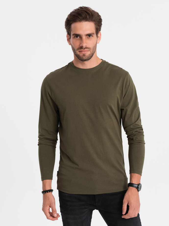 Męski longsleeve  BASIC z okrągłym dekoltem - ciemnooliwkowy V7 OM-LSBL-0106