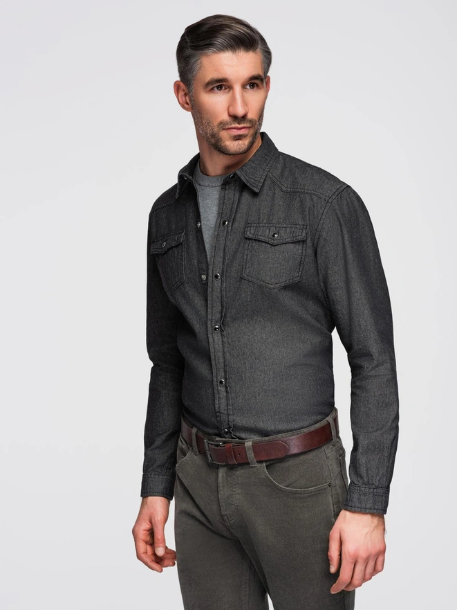 Koszula męska jeansowa na zatrzaski z kieszonkami - czarna V3 OM-SHDS-0210