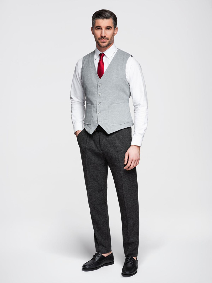 Fitted structured men's vest with patch pockets - grey melange V2 OM-BLZV-0146