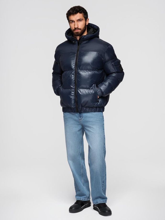 Ciepła kurtka męska puffer ze ściągaczami – granatowa V2 OM-JAHP-0207