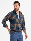 Męska flanelowa koszula w kratę SLIM FIT - granatowo-pomarańczowa V1 OM-SHCS-0145