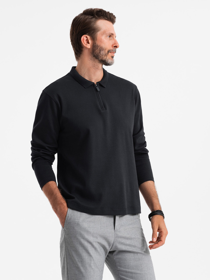 Men's longsleeve with zippered polo collar - black V8 OM-POLS-0130