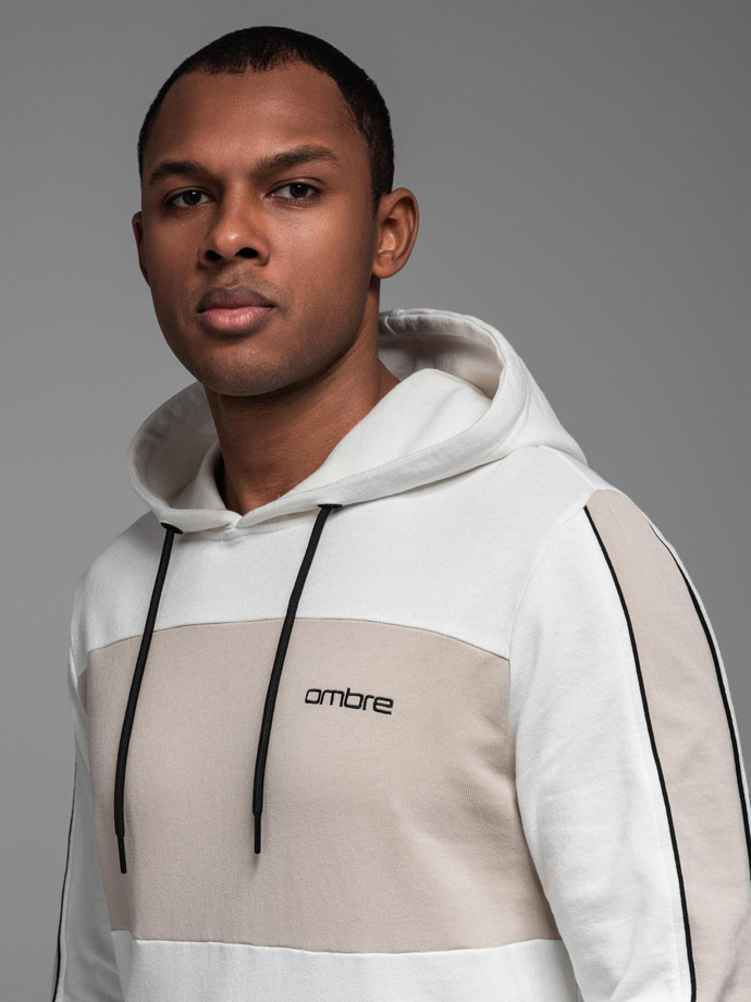 Męska bawełniana bluza z kapturem z kontrastującymi elementami - biała V1 OM-SSNZ-0225