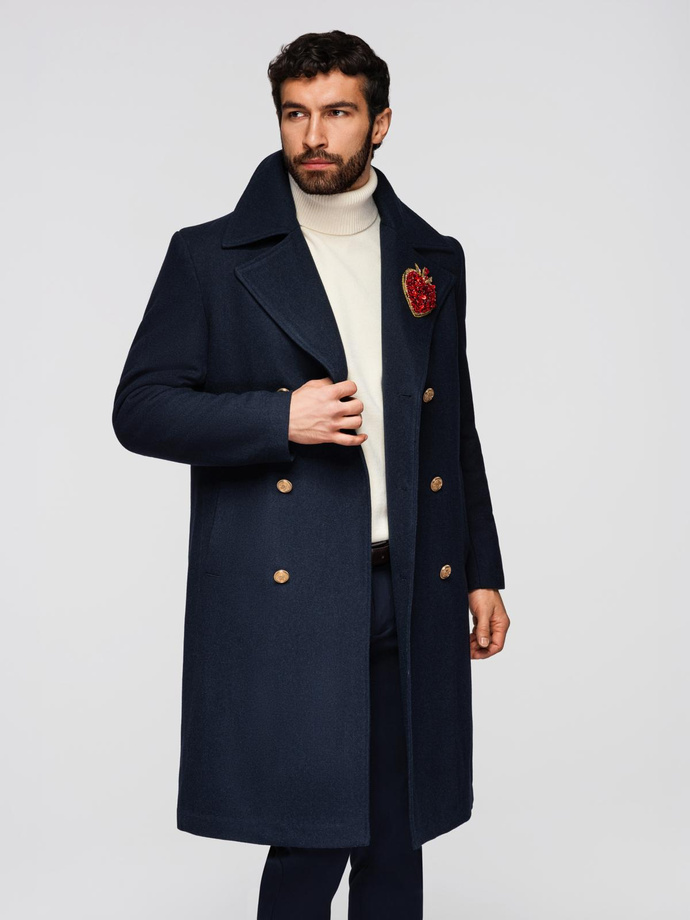 Men's double-breasted coat with wool and decorative appliqués - V1 navy blue OM-COWC-0149