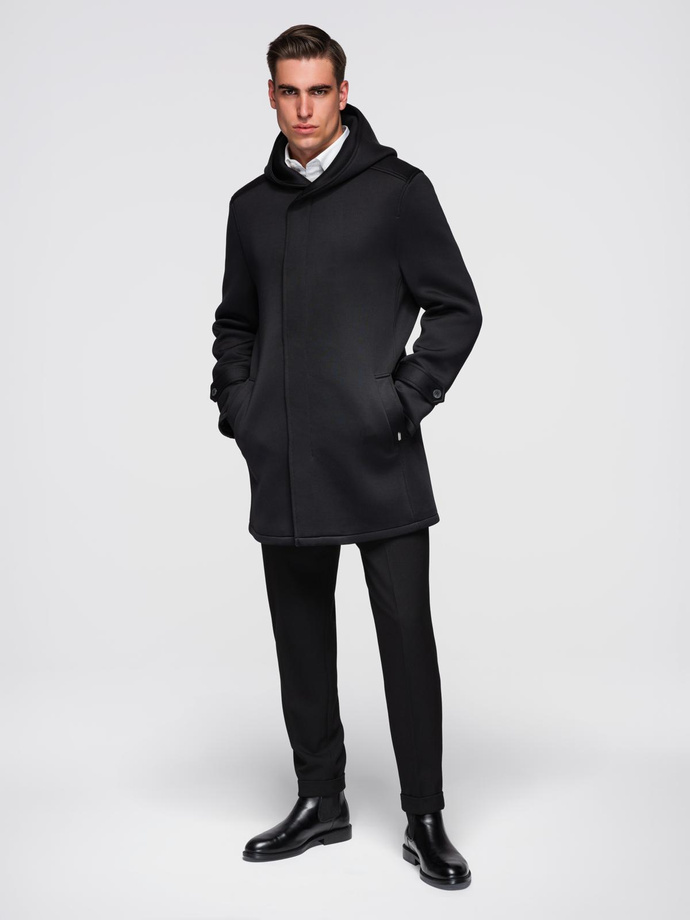 Men's minimalist medium length coat with hood - black V4 OM-COLC-0144