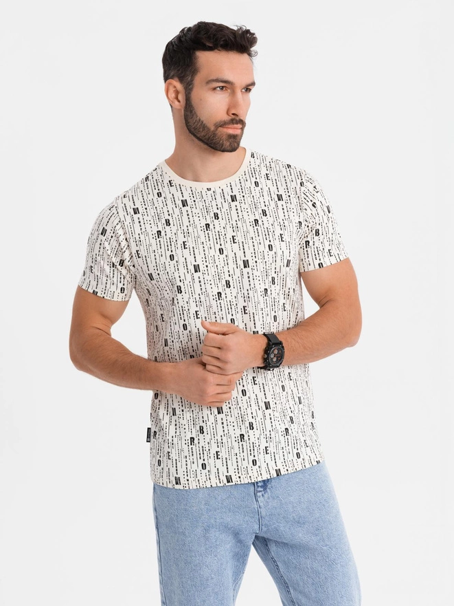 Printed cotton T-shirt with round neckline - cream V1 OM-TSFP-0225