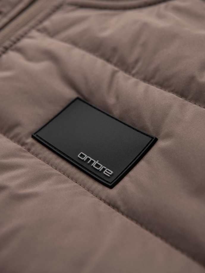 Men's lightweight jacket of combined materials with hood and decorative quilting - light brown V2 OM-JANP-0160