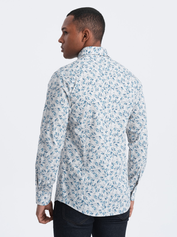 Koszula męska SLIM FIT w print gałązek - niebiesko-szara V2 OM-SHPS-0163