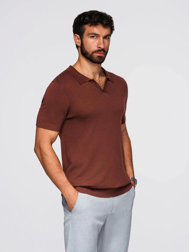 Men's buttonless polo shirt with classic weave - dark brown V4 OM-POSS-0159