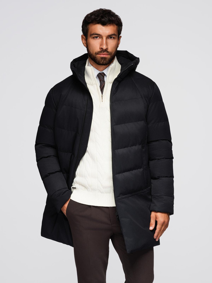 Men's long quilted jacket with hood - black V1 OM-JALJ-0264